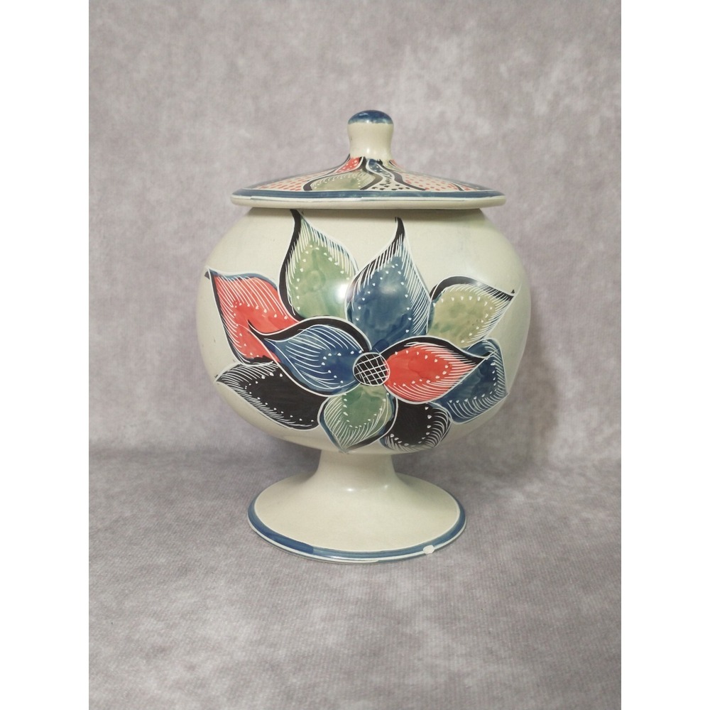 Pedestal Soapstone Jar With Lid Hand Painted and Carved Floral Design